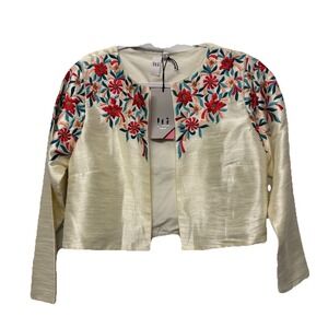 NEW Silk Cropped Ivory Embroidered Open Face Blazer Jacket Women's M